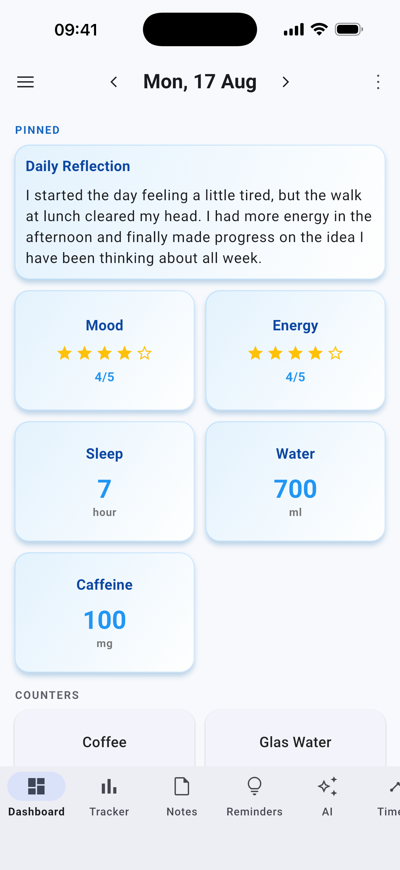 Track Anything dashboard with a daily reflection, mood, energy, sleep and water