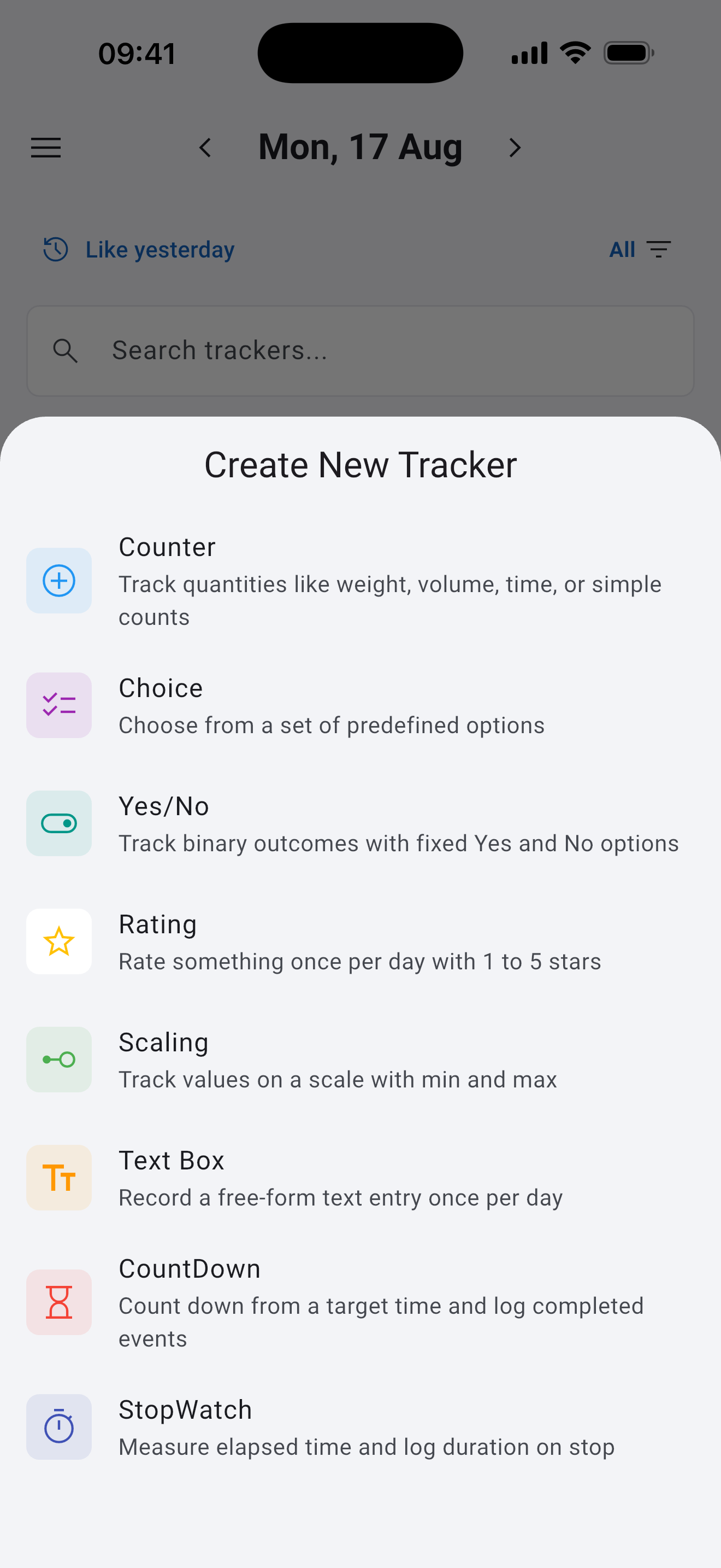 Create New Tracker sheet with counter, choice, rating, scaling, text and timer options