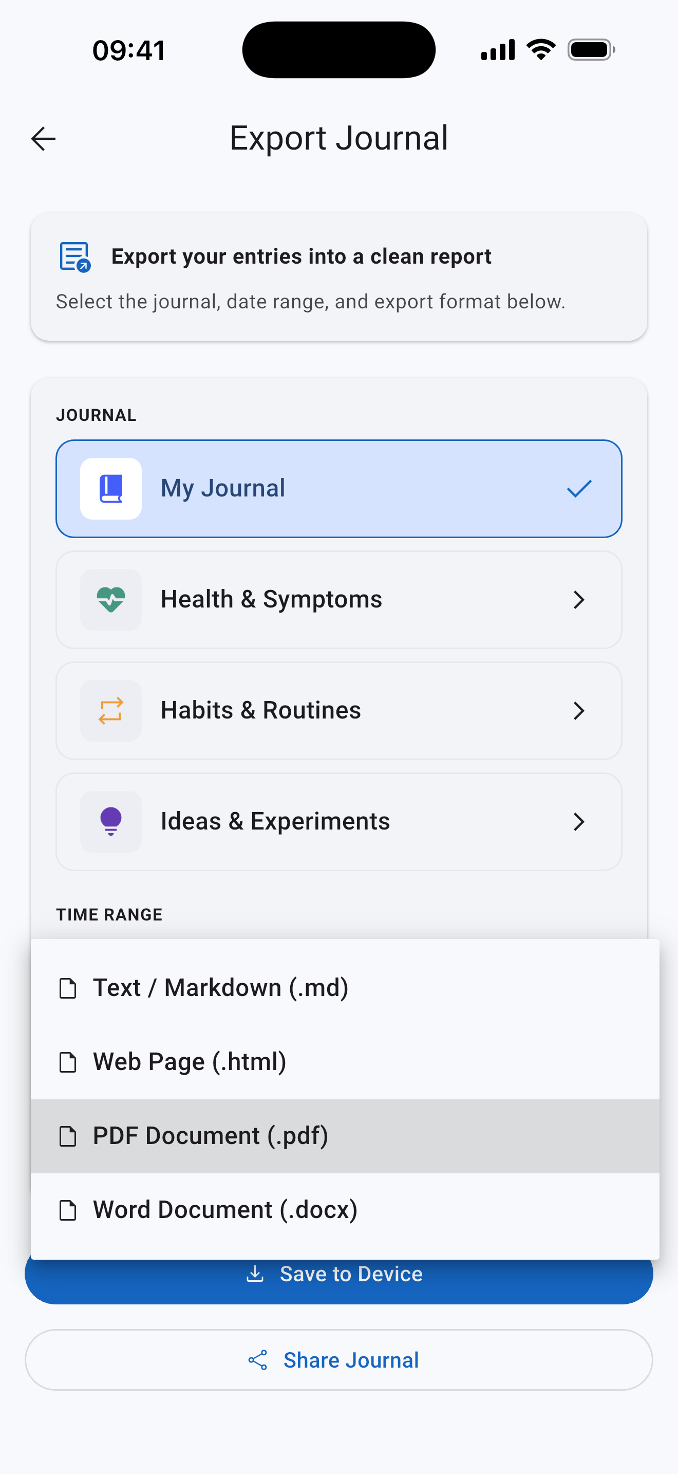 Journal export options including Markdown, HTML, PDF and DOCX